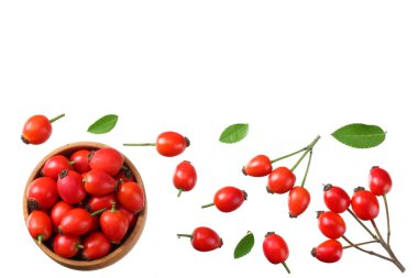 Beyaz arka planda yeşil yapraklı gül üzümü. Üst görünüm 