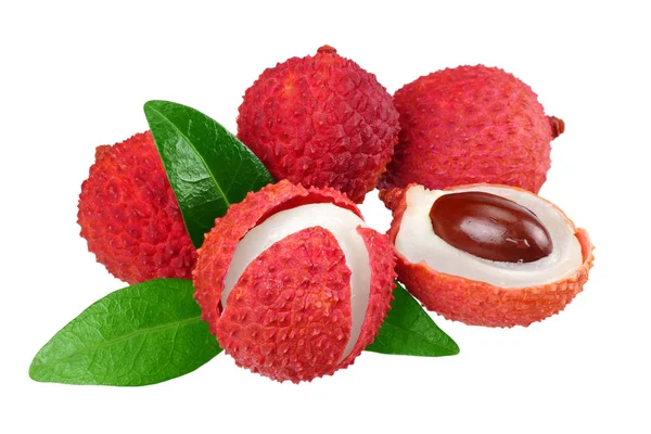 Färsk litchi med blad isolerade på vit bakgrund — Stockfoto