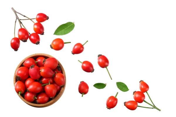 Hagebuttenbeeren mit grünen Blättern auf weißem Hintergrund. Ansicht von oben — Stockfoto