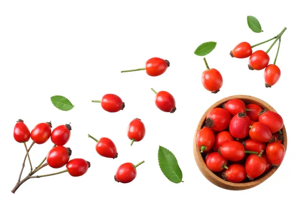 Rosehip berries with green leaves isolated on white background. Top view — Stock Photo, Image