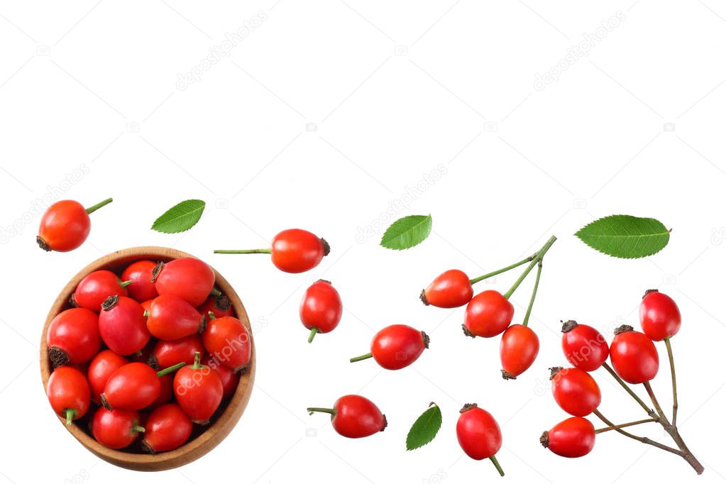 rosehip berries with green leaves isolated on white background. Top view 