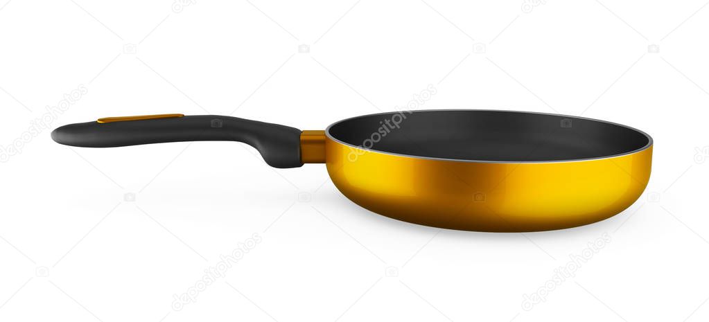 empty yellow fry pan isolated on white background. 3D rendering 