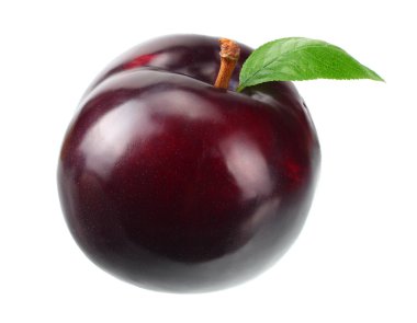 beyaz arka plan üzerinde izole yeşil yapraklı bir erik meyve. 