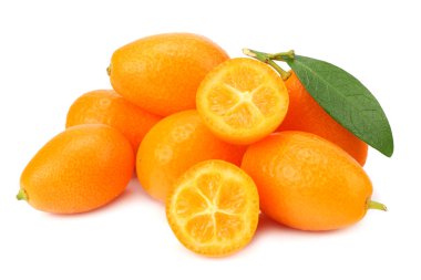 Cumquat or kumquat with slices and leaves isolated on white background  clipart