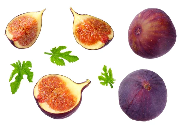 Fig frugt med grønt blad og skiver isoleret på hvid baggrund Top view - Stock-foto