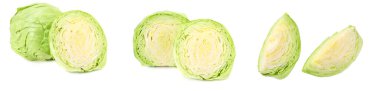 lahana koleksiyonu. Beyaz arkaplanda izole edilmiş yeşil lahana kesimi
