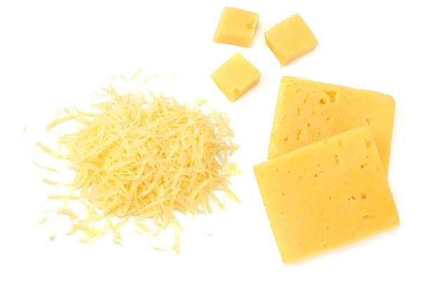 Τυρί Τριμμένο Που Απομονώνονται Λευκό Φόντο Top View — Φωτογραφία Αρχείου