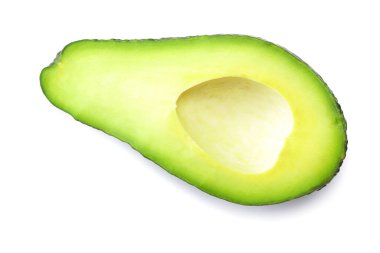 Beyaz arka planda izole edilmiş taze kesilmiş avokado. Üst görünüm