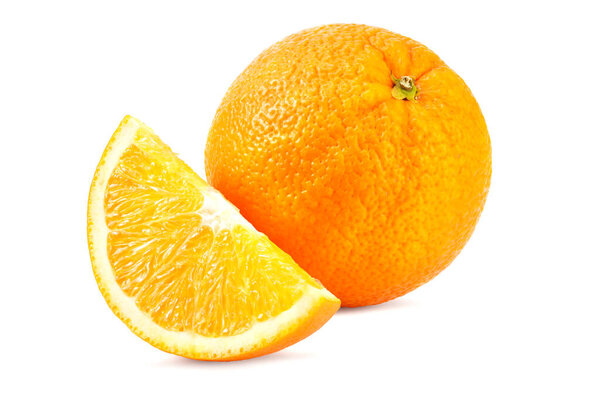 single orange fruit with slice isolated on white background