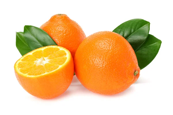 Clementina Naranja Tangelo Minneola Con Rodajas Hojas Verdes Aisladas Sobre — Foto de Stock
