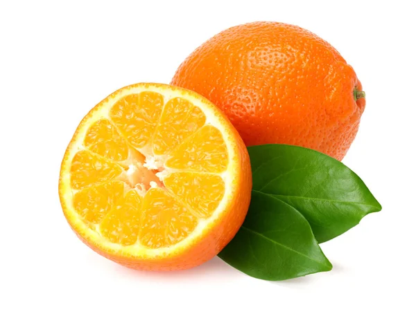 Oranje Clementine Minneola Tangelo Met Schijfjes Groene Bladeren Geïsoleerd Witte — Stockfoto