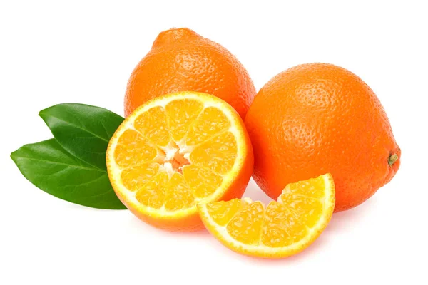 Orange Clementine Minneola Tangelo Slices Green Leaves Isolated White Background — Stock Photo, Image