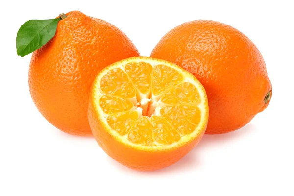 Oranje Clementine Minneola Tangelo Met Schijfjes Groene Bladeren Geïsoleerd Witte — Stockfoto