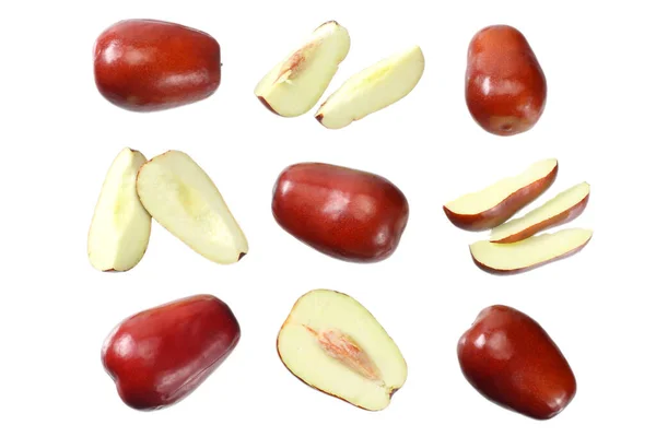 新鲜的枣果 果肉片 白色背景分离 顶部视图 — 图库照片