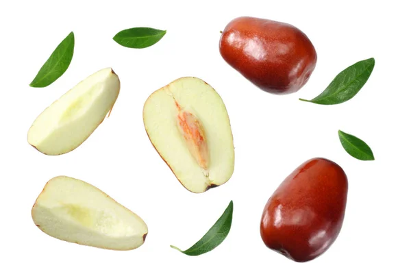 Fresh Date Fruit Sleces Leaves Isolated White Background Top View — Stock Photo, Image