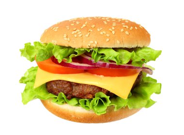 bbq hamburger ve sebze, beyaz arka planda izole edilmiş baharatlar.