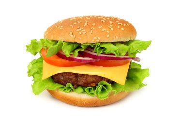 bbq hamburger ve sebze, beyaz arka planda izole edilmiş baharatlar.