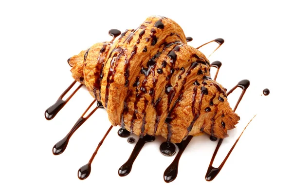 Jeden Čerstvý Croissant Čokoládovou Polevou Izolované Bílém Pozadí — Stock fotografie