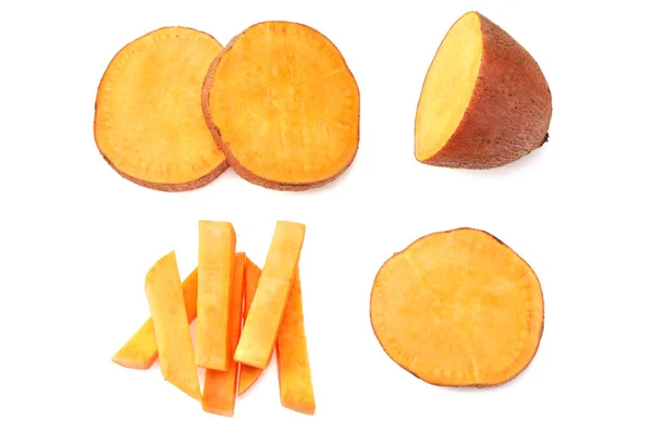 Gesneden Zoete Aardappelen Geïsoleerd Witte Achtergrond Bovenaanzicht — Stockfoto