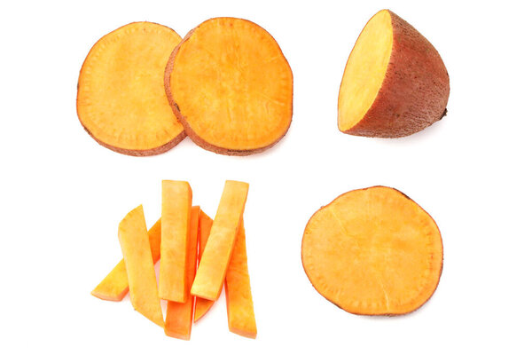 sliced sweet potatoes isolated on white background. top view