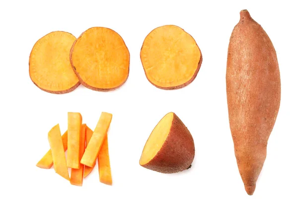 Gesneden Zoete Aardappelen Geïsoleerd Witte Achtergrond Bovenaanzicht — Stockfoto