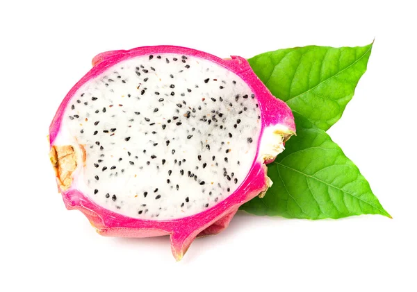 Sliced Ripe Dragon Fruit Green Leaves Isolated White Background Pitaya — Stock Photo, Image