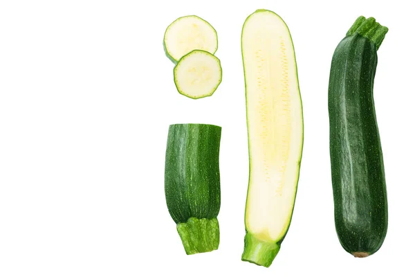 Färsk Grön Zucchini Med Skivor Isolerade Vit Bakgrund Ovanifrån — Stockfoto