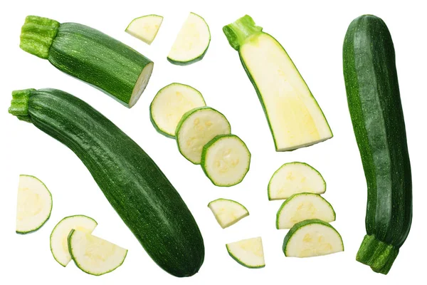 Fresh Green Zucchini Slices Isolated White Background Top View — Stock Photo, Image