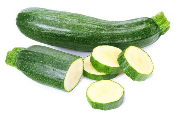 Färsk Grön Zucchini Med Skivor Isolerade Vit Bakgrund — Stockfoto