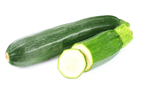 Zucchine Fresche Verdi Con Fette Isolate Fondo Bianco — Foto Stock