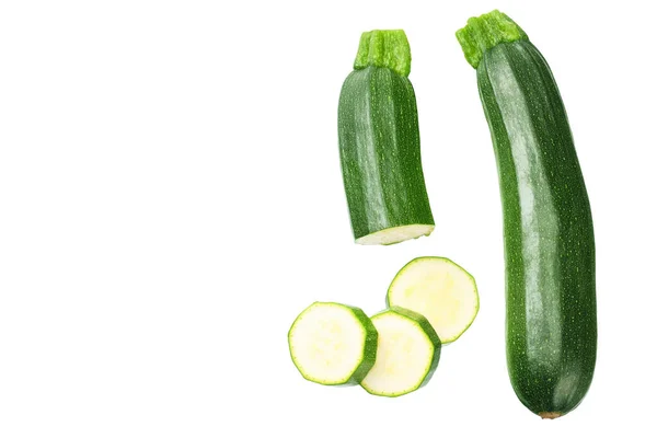 Färsk Grön Zucchini Med Skivor Isolerade Vit Bakgrund Ovanifrån — Stockfoto
