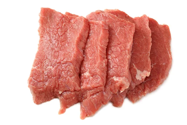 Stücke Rohen Rindfleisches Isoliert Auf Weißem Hintergrund Ansicht Von Oben — Stockfoto