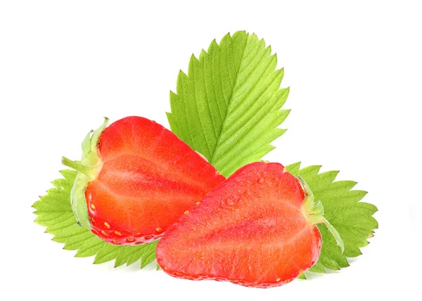 Sliced Strawberry Green Leaves Isolated White Background — Stock Photo, Image