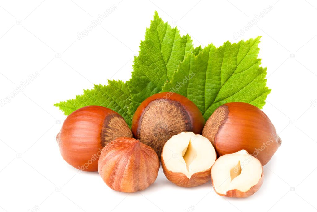 hazelnuts with green leaf isolated on white background