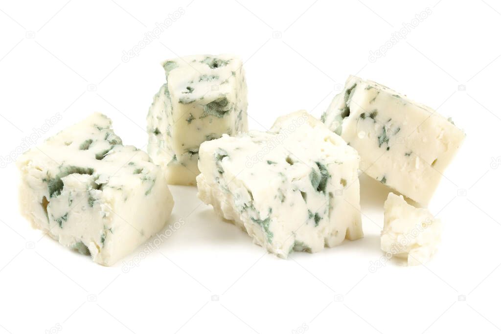 cut of blue cheese isolated on white background. macro