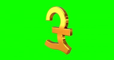 Yeşil Ekran veya Krom Anahtar arka planında dönen Altın Pound İşareti Döndürme Animasyonu. GBP. 3B Hazırlama
