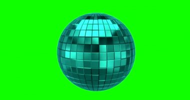 Mavi metalik disko topunun yeşil ekran veya krom anahtar arkaplan ile beyaz arkaplanda dönmesinin animasyonu. çokgen küre 3B Hazırlama