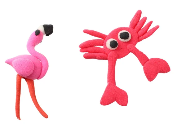 Plasticine Flamingo Krabem Izolované Bílém Pozadí Modelovací Jíl — Stock fotografie