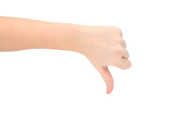 Παιδί Χέρι Δείχνει Τον Αντίχειρα Προς Κάτω Απομονώνονται Λευκό Φόντο — Φωτογραφία Αρχείου