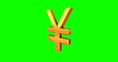 Yeşil Ekran veya Krom Anahtar Japon Yen 3D Renklendirme ile Beyaz Arkaplanda Dönen Altın JPY İşaretinin Döndürülmesi