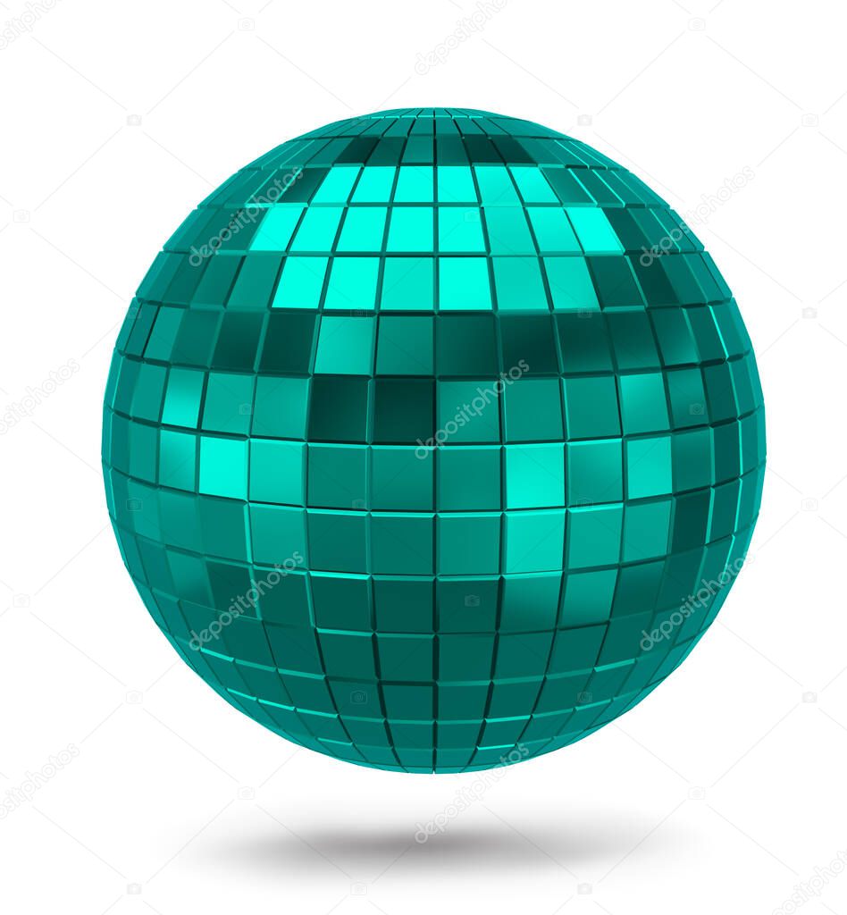 Blue metallic polygonal sphere isolated on white background. blue disco mirror ball. 3D rendering