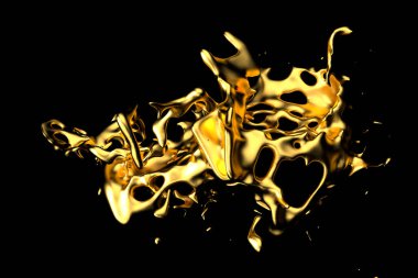 Siyah arka planda lüks altın sıçraması. 3d illüstrasyon, 3d canlandırma.