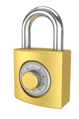 Beyaz arka planda 3D altın kodlu asma kilit var. Yüksek çözünürlüklü 3D görüntüleme. Koruma Mahremiyeti, Web ve Mobil Uygulamalar İçin Altın Kilit Şablonu, Logo