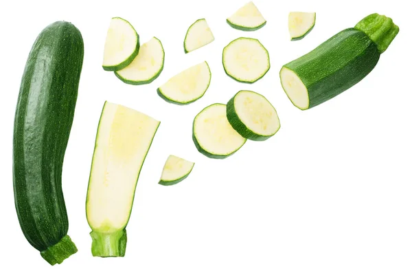 Färsk Grön Zucchini Med Skivor Isolerade Vit Bakgrund Ovanifrån — Stockfoto