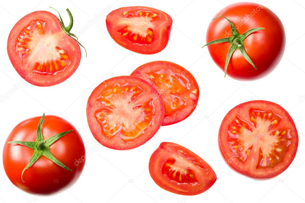 fresh tomato slices isolated on white background. close up. top view