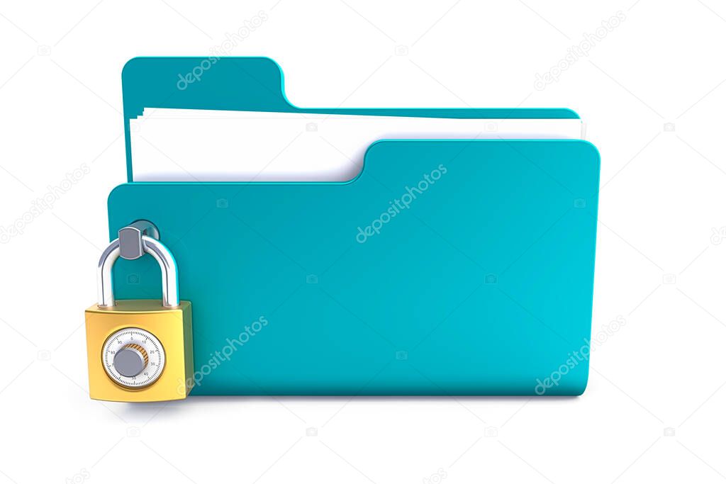 blue folder with the lock isolated on white background. Data security concept. 3d render. 