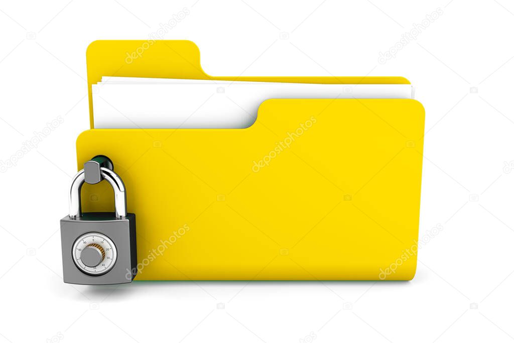 yellow folder with the lock isolated on white background. Data security concept. 3d render. 