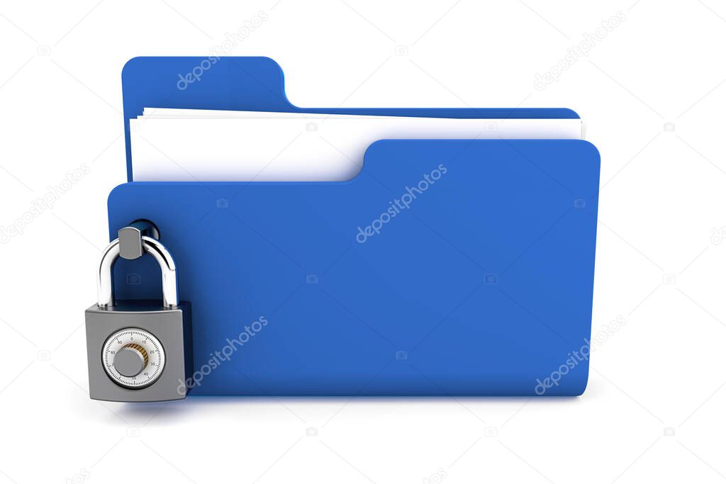 blue folder with the lock isolated on white background. Data security concept. 3d render. 