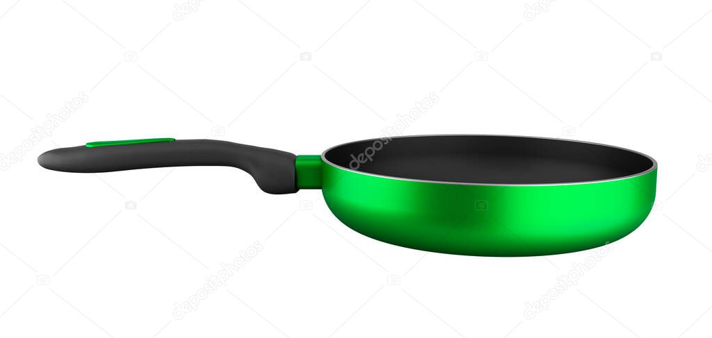 empty green fry pan isolated on white background. 3D rendering