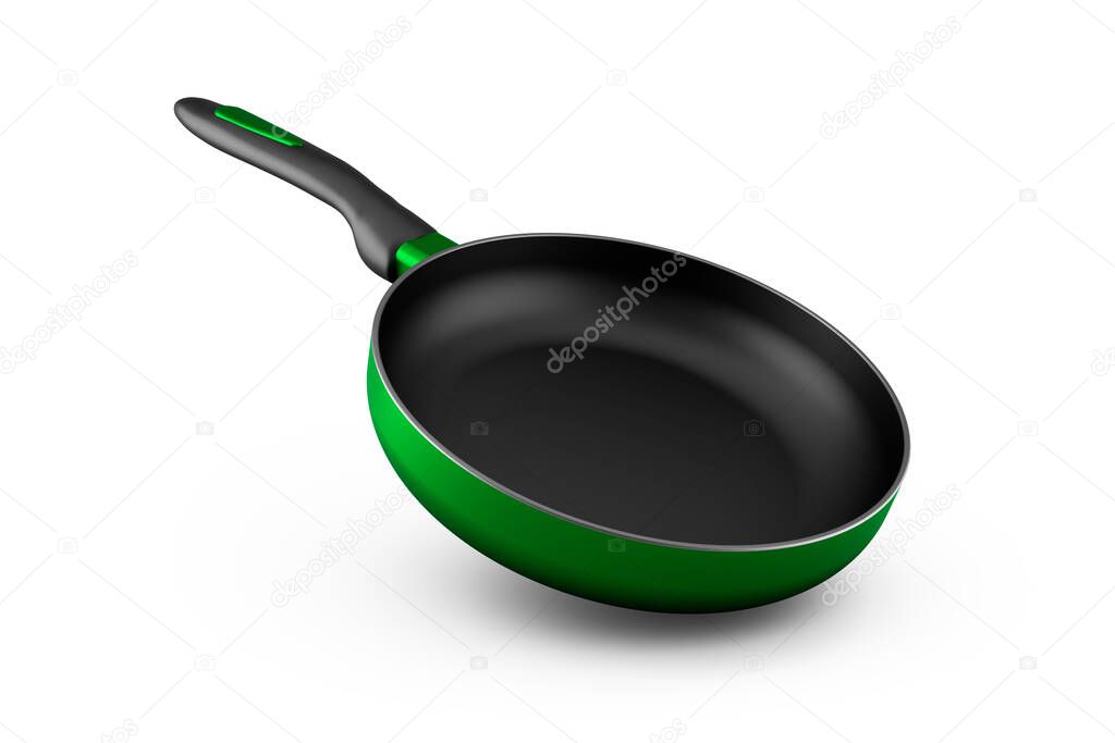 empty green fry pan isolated on white background. 3D rendering